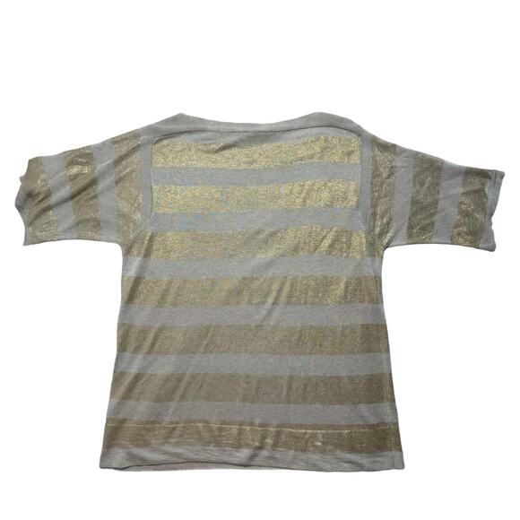 CHICOS Gold Tan Stripe Linen Blend Short Sleeve Relaxed Knit Top Size Large (2) - Picture 5 of 9